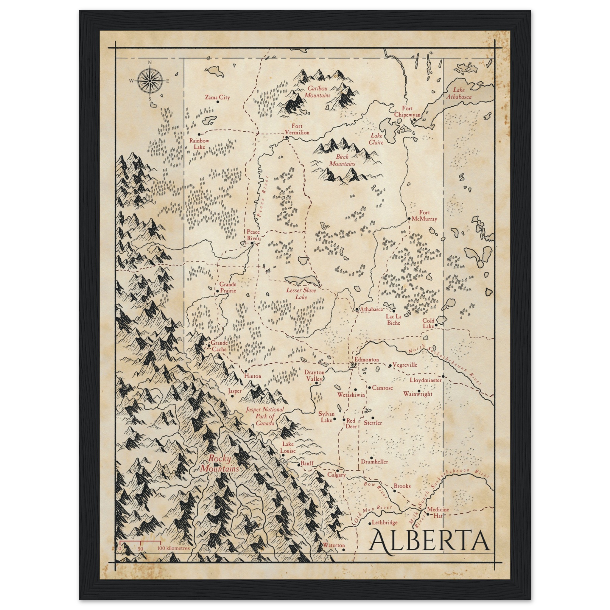 Alberta fantasy map displayed in a black frame; frame not included